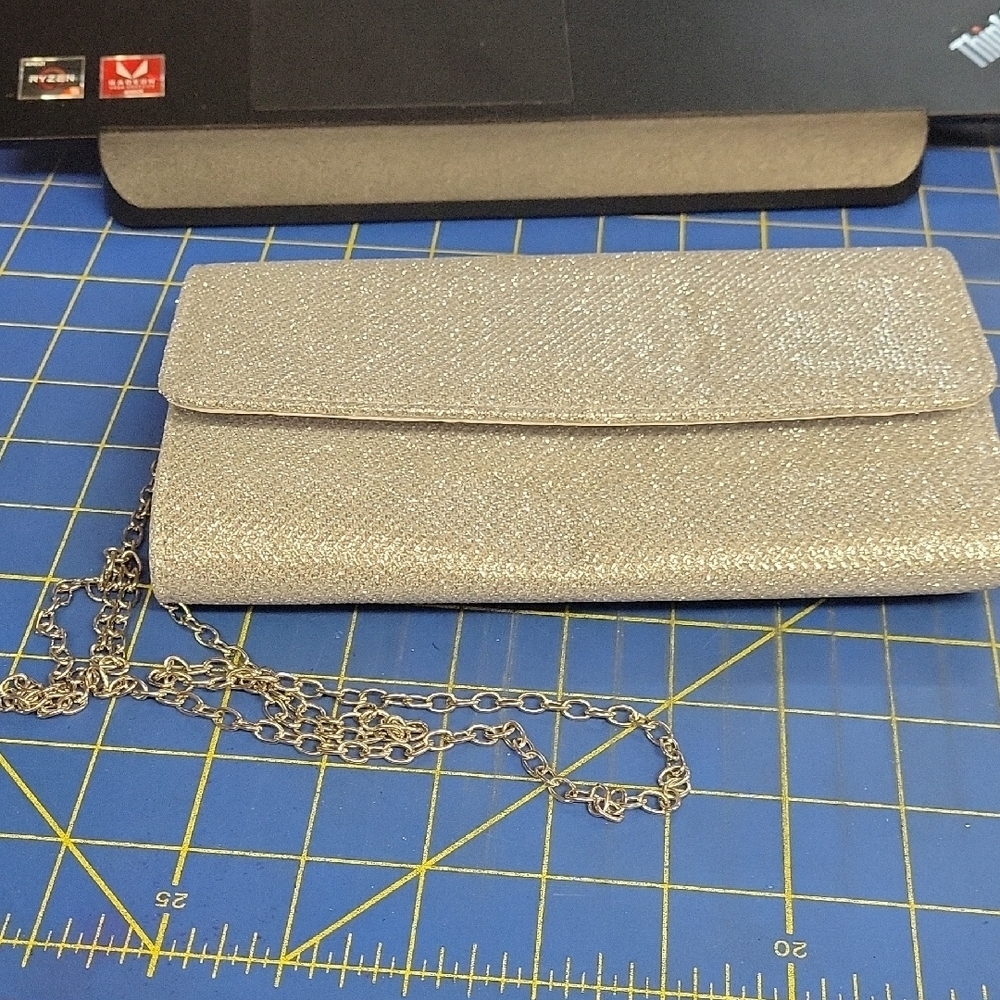 Silver Sparkle Glittered Removable Silver 52" Chain Clutch Bag Purse 8" x 4.5"
